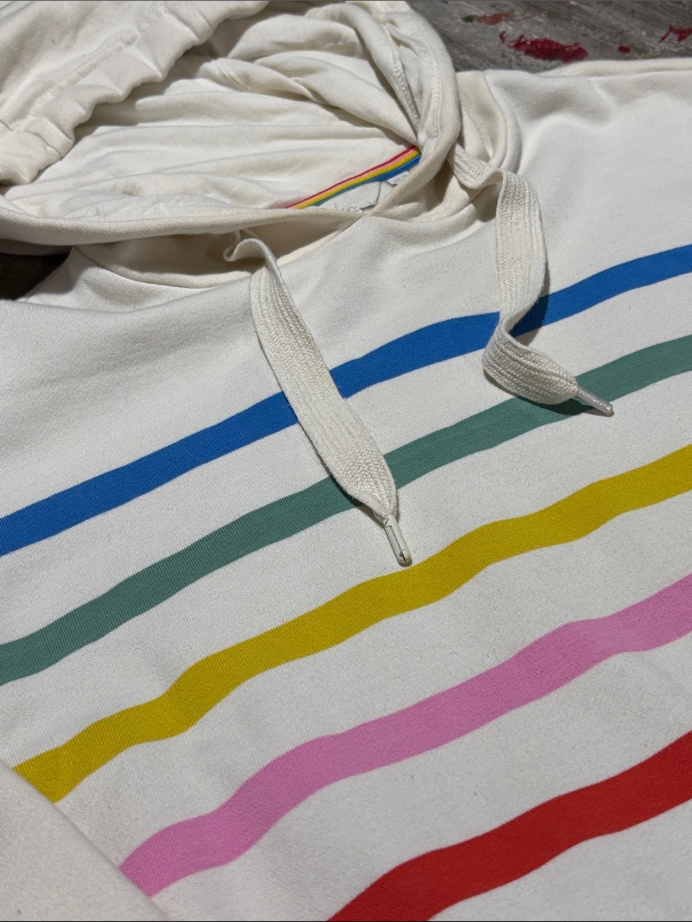 Boden Cream Hoodie with Rainbow Stripe Trim - Picture 3 of 8